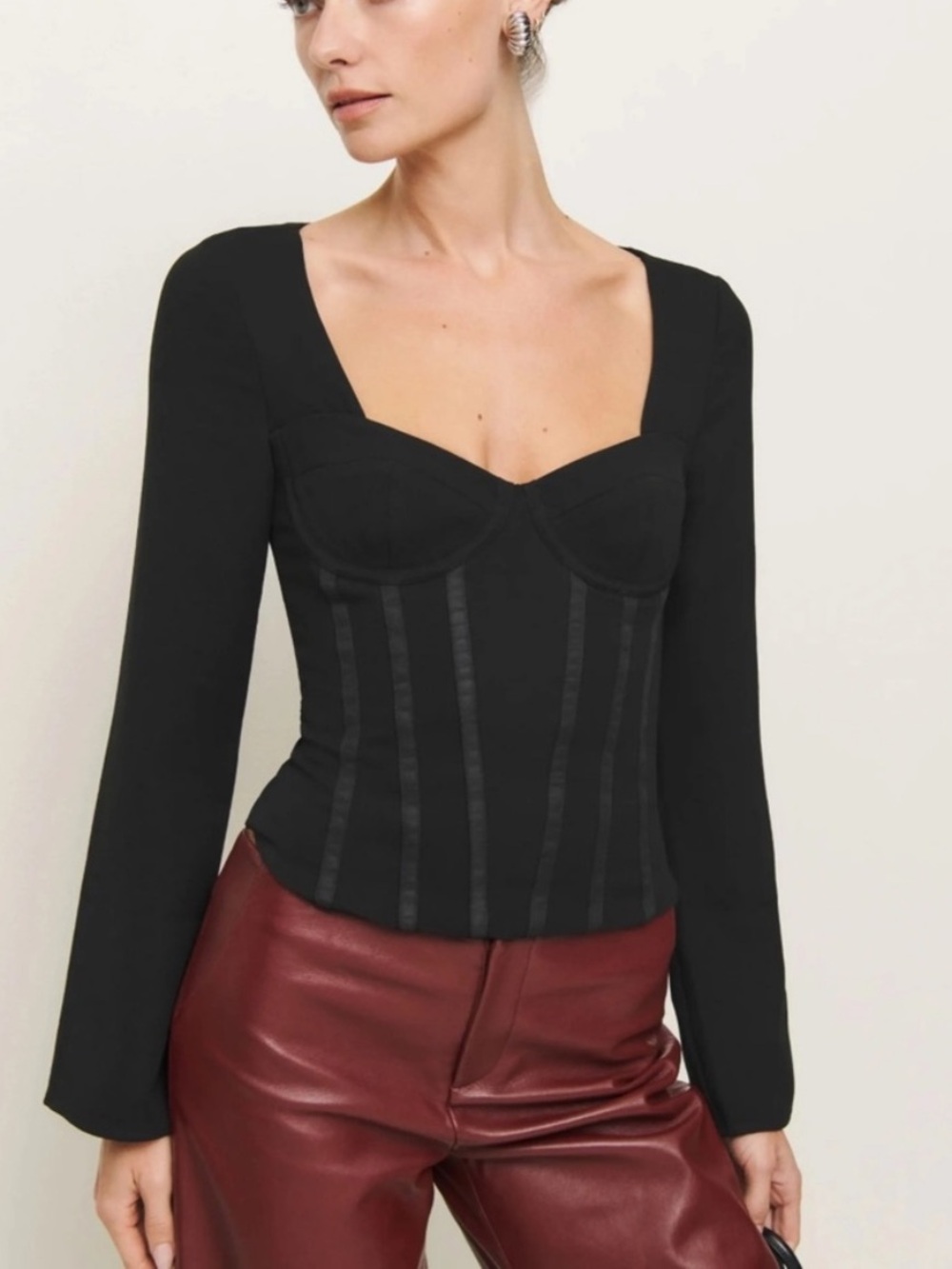 Reformation Black corset Long Sleeve Fitted Top